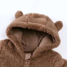 Winter Baby Zipper Jumpsuit Newborn Boy Girl Bear Ear Hoodie Romper Winter Fleece Warm Bodysuit Outfits Khaki 12 9-12 Months
