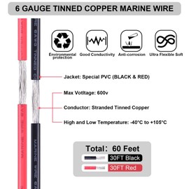 6 Gauge Wire,iGreely 6 AWG Tinned Copper Electrical Wire Cable,2 Single Conductor Insulated Stranded Marine Wire for Car Automotive Trailer Marine Speaker Wire Solar Panel Lighting-30FT Black&30FT Red