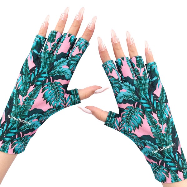 MelodySusie Guantes UV para lámpara de uñas de gel, guantes profesionales de protección UV UPF50+ para manicura, arte de uñas, cuidado de la piel, guantes antirayos UV para proteger las manos de los daños UV (hojas de palma)