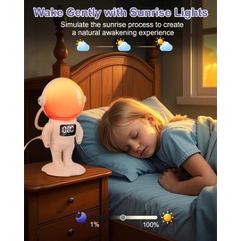 OQIMAX Sunrise Alarm Clock, Astronaut Wake Up Light with Sunrise Alarm Clock, Dual Alarms Sunlight Lamp with 21 Soothing Sounds, Bluetooth Function & 22 RGB Ambient Lights, Gift for Boys, Girls