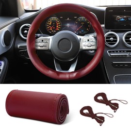HEVLE Leather Steering Wheel Cover Lace Up, Stitch On Wrap, Breathable Anti-Slip Car Steering Wheel Protector Universal Fit Max 15 Inch Car Wheels, DIY Sewing with Needle Thread (Wine red, Glossy)