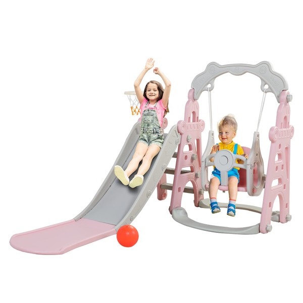 3-in-1 Kids Slide for Toddlers Age 1-3 Slide and Swing Set,Indoor Playground for Children,Freestanding Outdoor Slides with Basketball Hoop,Outside Climber Playhouses,Baby Climbing Toys