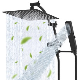 Hibbent All Metal CUPC Certified 12'' Rainfall Shower Head, Dual Shower Head Combo, High Pressure Handheld 4 Sprays Shower Wand, 16'' Adjustable Extension Arm, 71'' Hose, Shower Holder, Matte Black