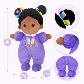 OUOZZZ Baby Doll, Soft Rag Doll with Clothes, African Mini Doll, Purple Cuddly Doll for Children from 3 Months - Baby Gift for Birth Girls Boys, 25 cm