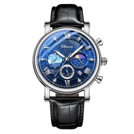 Silverora Men's Watches Leather Lightweight Chronograph: 3ATM Waterproof Stopwatch Calendar Analogue Quartz Watches Men's Van Gogh Starry Sky Watch with Genuine Leather Strap Gifts for Men Silver