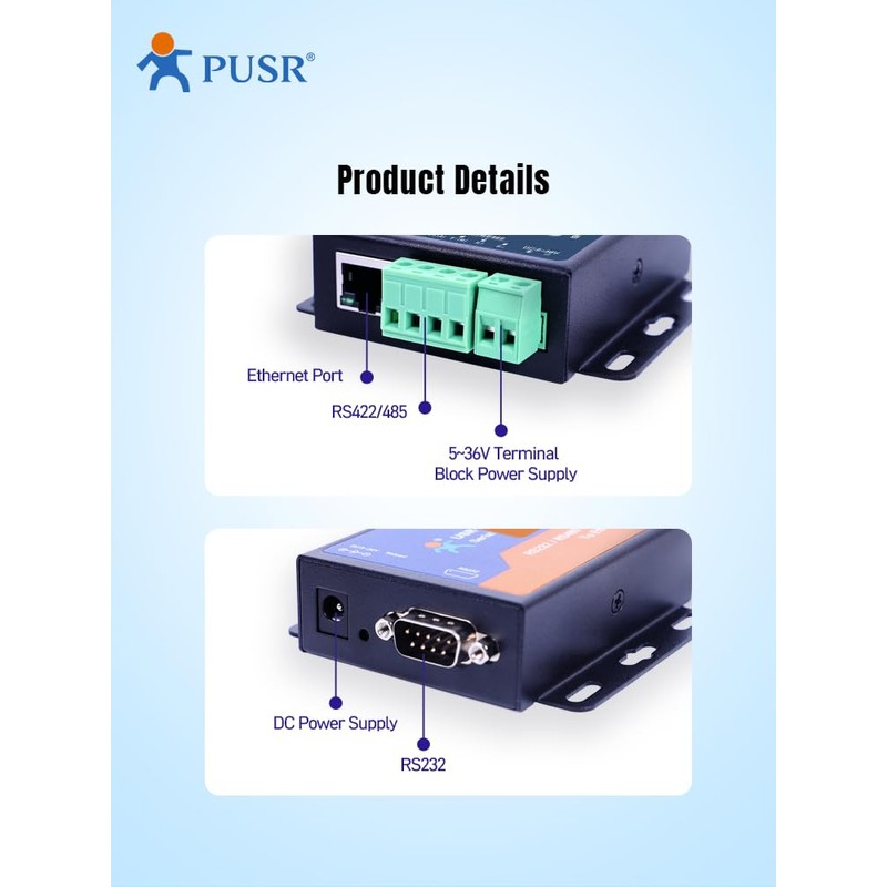 PUSR TCP232-306 RS232 RS485 RS422 to Ethernet TCP IP Modbus