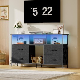 MAHANCRIS Dresser TV Stand, Entertainment Center with Power Outlets and LED Light, Media Console Table with Drawers and Open Shelves, Chest of Drawers for 50'' TV, for Living Room, Black TVBK140E01