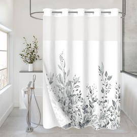 Gibelle No Hook Long Shower Curtain with Snap-in Fabric Liner Set - 72" x 80"(78"), Hotel Style Double Layers Grey Eucalyptus Leaves Shower Curtain with See Through Top Window