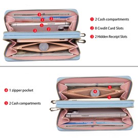 BVEOGMRO Women’s Wallet RFID Blocking Purse Leather Long Clutch Double Zip Around Credit Card Holder with Wristlet