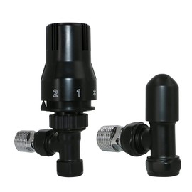 NRG 15mm Black TRV Thermostatic Radiator Valve + Lockshield Angled Valves