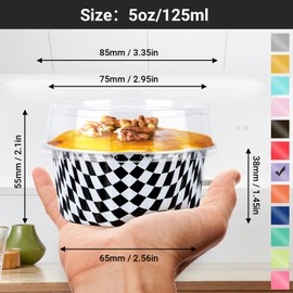 EUSOAR Disposable Ramekins, 25pcs 5oz Muffin Liners Cups with Lids Custard Flan Molds, Loaf Bread Containers Foil Pans for Creme Brulee Flan Cheesecake Dessert Individual Serving-Black/White