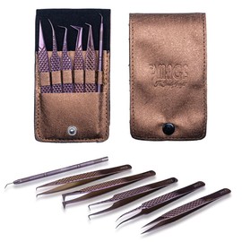 IMAGE 5 Pcs Japanese Steel Lash Tweezers Set with Leather Case, Professional Eyelash Tweezers for Lash Extensions-Titanium Coated Tips,45 & 90 Degree, Pointed Eyelash Extension Tweezers (METALIC-ROSE)
