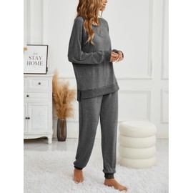 Famulily Ladies Pyjamas Set Crew Neck Long Sleeve Pjs Ribbed Hem Side Split Tops and Comfy Bottoms Dark Grey XL