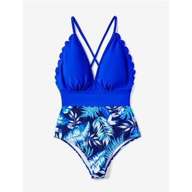 PatPat - Traje de baño a Juego con Estampado de Hojas de una Pieza con Cuello en V y Estampado de Hojas, Azul, XL