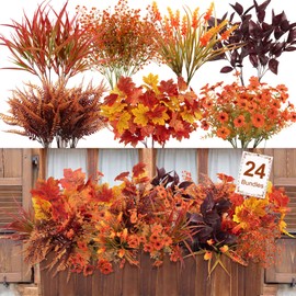 Ouddy Decor 24 Bundles Artificial Fall Flowers for Decorations, Fake Flowers Fall Decorations Outdoor UV Resistant Plastic Flowers for Indoor Outside Autumn Thanksgiving Garden Yard Window Home Decor