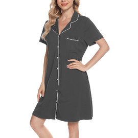 Vlazom Women Soft Nighties V-Neck Button Down Nightdress Classic Boyfriend Style Sleepshirt Relaxed Nightshirt Sleepwear Dark Grey,XL