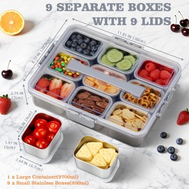 Snackle Box Container, Stainless Steel Snack Containers for Adults, 9 Compartments Divided Serving Tray with Lids and Handle, Portable Snack Platter for Parties, Grey