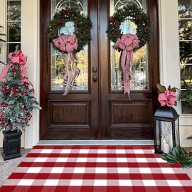 Buffalo Plaid Outdoor Rug, 3'x5' Red&White Christmas Check Indoor/Outdoor Area Rug, Layering Rug for Hello/Welcome Door Mat, Machine Washable Cotton Woven Rug for Farmhouse Front Porch, Entryway