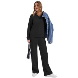 WIHOLL Lounge Sets for Women Two Piece Outfits Casual Travel 2 Piece Sweatsuits Tracksuit Set Womens Fall Fashion 2025 Sweatpants Winter Clothing V Neck Sweat Set Loungewear Matching Sets Black M