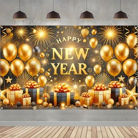 BlissYard Black Gold Happy New Year Backdrop Happy New Year Banner New Year Eve Party Decorations Supplies Photo Booth Backdrop Background Banner for 2025 Party Decoration 71X43