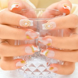 Sethexy Blown French Press On Nails Short Coffin Acrylic False Nails Handmade Shiny False Nails Salon Glued Nails for Women and Girls 10 Pieces (8)