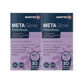 Meta Glow Probióticos Pack de 2 x 30 Cápsulas, Suplemento Alimenticio, 40 Billones Cultivos Activos, con Prebiótico, Colgáno y Biotina, Control del Ac