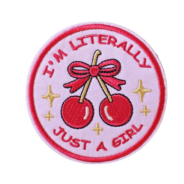 I'm Literally Just A Girl Pink Cherry Bow Embroidered Applique