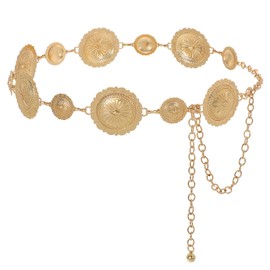 WHIPPY Women Western Metal Concho Belt, Vintage Boho Gold Chain Belts for Women Dresses Jeans Adjustable Cowgirl Waist Chain Country Concert Outfit, Gold(round), Fit waist size below 36"
