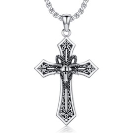 ROMANTICWORK Satanic Cross Necklace 925 Sterling Silver Black Onyx Goat Cross Pendant Necklace Satanic Jewelry for Men Husband