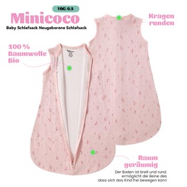 Minicoco Baby Sleeping Bag Newborn Sleeping Bag, 0.5 Tog, 100% Organic Cotton, Lightweight and Soft, 0-6 Months, Small Pink Flowers