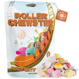 Snackathon Salt Water Taffy Assorted Mix – Roller Chewster Edition, 10-Flavor Carnival Variety, Individually Wrapped Soft & Chewy Gourmet Candy, Unique 15 oz Funfair-Themed Bag for Gifting