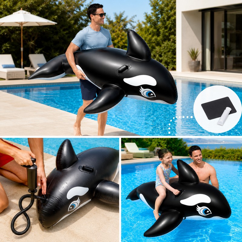 Large Inflatable Whale Ride-On for Pool Fun – Heavy-Duty Handles