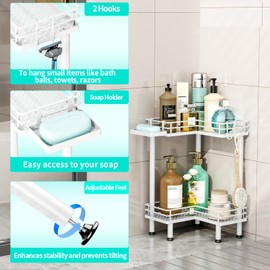 HapiRm Corner Shower Caddy Standing - 2 Tier Shower Organizer Corner with Soap Holder, Rustproof Bathroom Standing Organizer with 2 Hooks, White