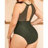 Women One Piece High Neck V-Neckline Mesh Ruched Monokini Swimwear