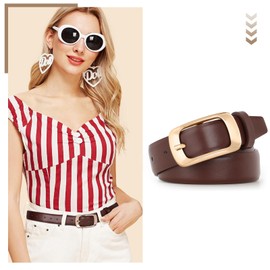 XZQTIVE Women Leather Belts for Jeans Pants, Black/Brown Waist Dress Belts with Gold/Silver Buckles, Fit Sizes S to XL, Coffee Belt with Gold Buckle, Fit Waist Size 29-33 inches