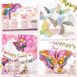Homarkable Butterfly Birthday Decoration, Pink Butterfly Party Decorations with Butterfly Balloons, Happy Birthday Banner, Butterfly 3D Stickers, Tablecloth, Birthday Decorations for Girls