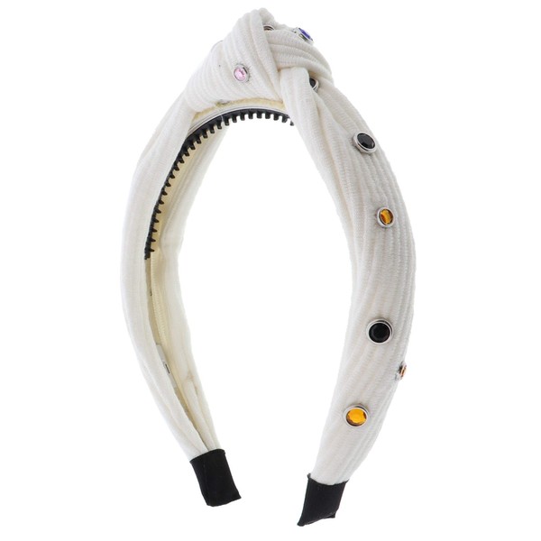 Cotton Twist Knot Headband with Colored Rhinestones - White