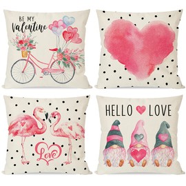 PANDICORN Valentines Day Pillow Covers 18x18 Set of 4, Valentine Pillow Covers Valentines Day Decor, Pink Bicycle Gnome Love Heart Flamingo Flower Throw Pillows Cases Valentines Day Decorations