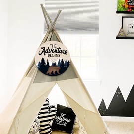 TOARTi The Adventure Begins Wooden Hanging Sign,Woodland Nursery Decor,Bear Mountain Inspirational Quotes Wooden Plank Sign for Home Cabin Decor，Forest Camping Sign for Camper Decor (12”X 12”)