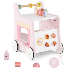 HONEY JOY Baby Push Walker, 8-in-1 Wooden Kids Ice Cream Cart & Activity Walker, Develop Motor Skills & Creativity, Dessert Shop Push Toys for Babies Learning to Walk, Gift for Boys and Girls (Pink)
