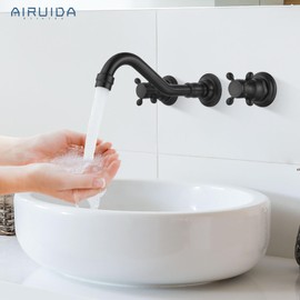 Airuida Wall Mount Bathroom Faucet Widespread Wall Mounted Bathroom Sink Faucet 360 Swivel Spout 2 Cross Knobs 3 Holes Lavatory Basin Sink Mixing Faucet with Brass Rough in Valve Matte Black