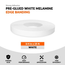 White Edge Banding 3/4 inch x 25 ft Melamine Iron On Adhesive Edging Cabinet Repair Laminate Shelf Board Countertop Furniture Strip Wood Veneer Tape Trim Peel Stick Cabinet Molding Vinyl PVC Iron