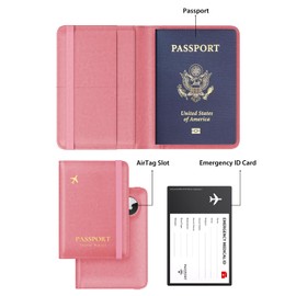 Stouchi AirTag Passport Holder, Cute Passport Holder with Airtag Slot, RFID Passport Wallet Cover for Women, Family Leather Passport Protector Case, Anti-Lost Travel Essentials, Pink