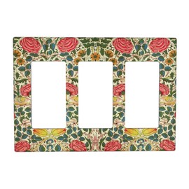 Iyfcsl William Morris Rose Floral Light Switch Cover Flower Bird Plant 3 Gang Triple Rocker Wall Plate Decorative Electrical Switchplate Faceplate for Bathroom Kitchen Bedroom 6.57" x 4.65"