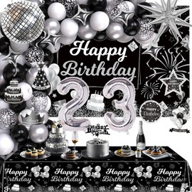 Miidenks 23rd Birthday Decorations Set for Man Women,Black Silver Happy 23 Birthday Party Supplies with Birthday Backdrop Banner Birthday Tablecloth 23 Number Balloons for Her Him