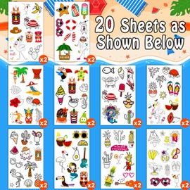 Partywind 20 Sheets Luminous Hawaiian Tattoos for Party Decorations, 195 Styles Hawaiian Luau Party Supplies Favors for Kids, Tropical/Beach/Pool Party Decor