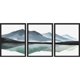 SIGNWIN Framed Mountain Range Lake Wall Art, Set of 3 Pastel Misty Blue Wall Decor Prints, Nature Wilderness Wall Décor for Living Room, Bedroom - 11"x14" Black