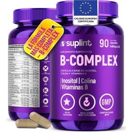Complejo B Completo Vegano con Inositol y Colina – Vitaminas B1, B2, B3, B5, B6, B7, B9 y B12 – Suplemento para Energía y Sistema Nervioso – Sin Gluten, Sin OGM ni Colorantes – 90 Cápsulas