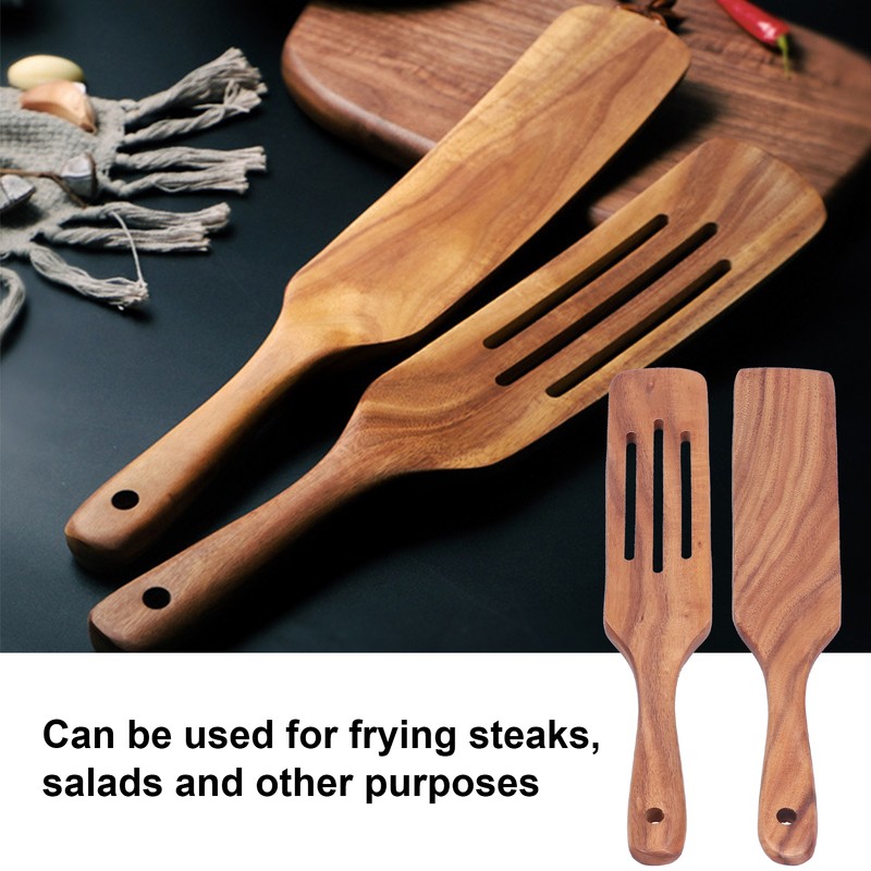 2pcs Slotted Turner Spatula Simple Wooden Spatula with Long Handlefor
