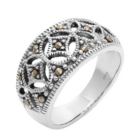 Silverly Women's .925 Sterling Silver Simulated Marcasite Oxidised Art Deco Style Band Ring